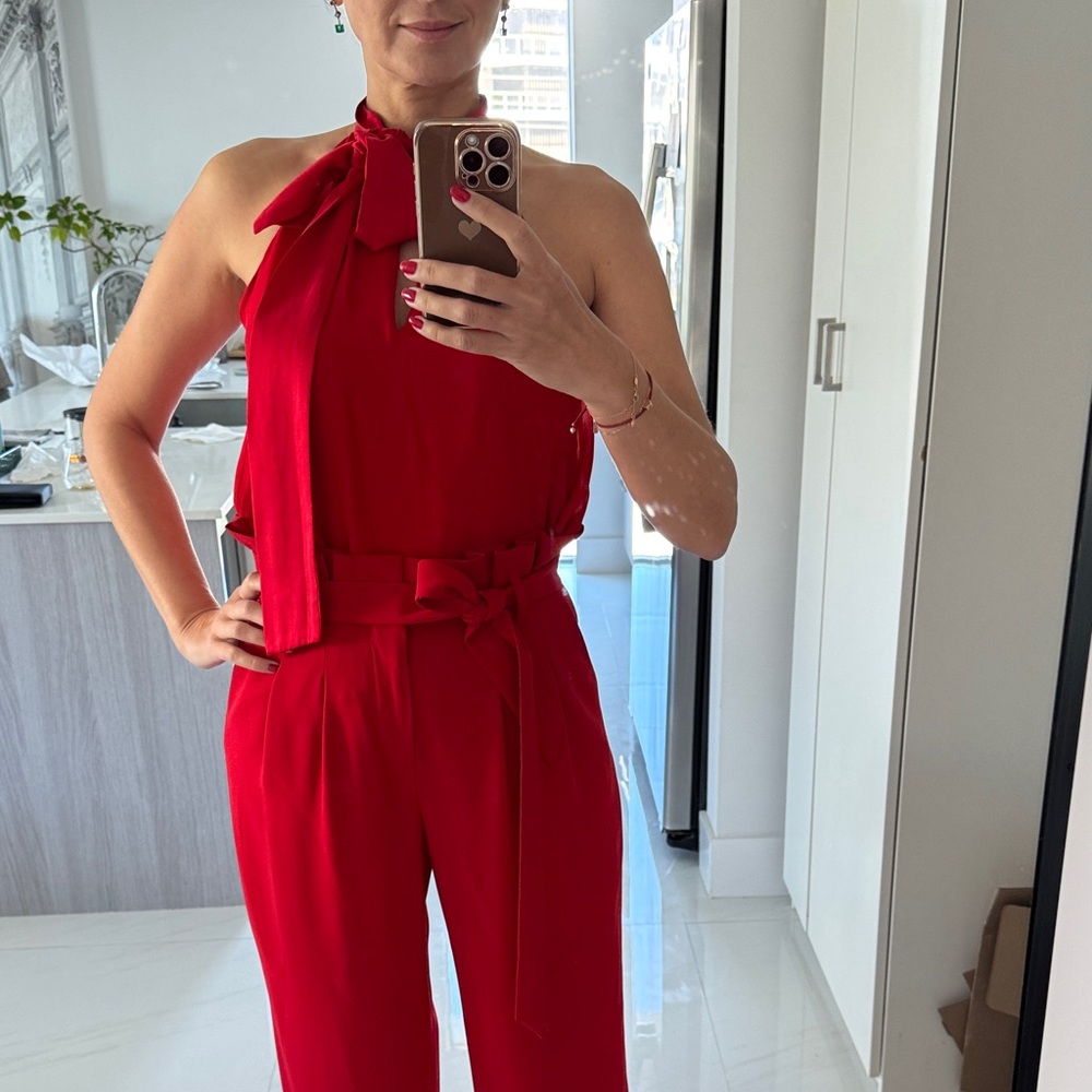 Alice + Olivia Red Halter Tie Neck Blouse Top Silk Feel Size 4 Like New